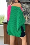 Зеленые повседневные элегантные платья с длинным рукавом в стиле пэчворк с круглым вырезом и цветными блоками