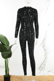 Black Sexy Casual Solid Hollowed Out See-through Half A Turtleneck Skinny Jumpsuits