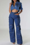 Light Blue Street Solid Patchwork Pocket Buttons Zipper High Waist Straight Cargo Denim Jeans