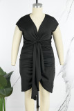 Черная повседневная однотонная юбка с V-образным вырезом и запахом, платья больших размеров