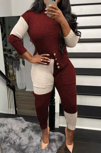 Burgundy Casual Patchwork Contrast O Neck Long Sleeve Two Pieces