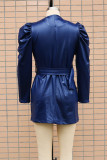 Navy Blue Casual Solid With Belt V Neck Long Sleeve Dresses