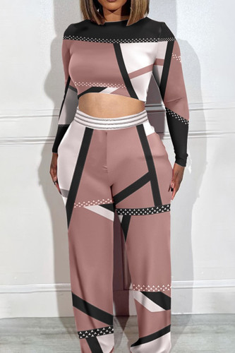 Pink Casual Print Basic O Neck Plus Size Two Pieces