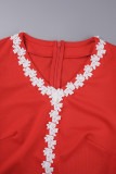 赤 カジュアル ソリッド パッチワーク Vネック ペンシル スカート ドレス