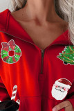 Top con colletto rovesciato con cerniera, tasca con cordoncino, stampa elegante rossa con stampa patchwork