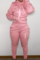 ピンク カジュアル プリント ドローストリング ポケット 小帯 フード付き襟 長袖 XNUMX 枚