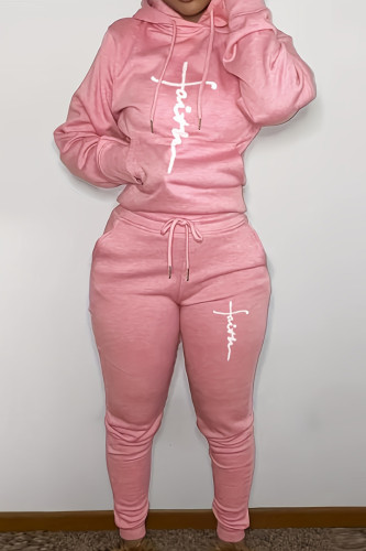 Pink Sportwear Casual Letter Print Hooded Collar Long Sleeve Sweatshirt And Draw String Pants Two Pieces Sweatsuit Sets