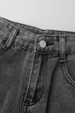 Jeans preto casual patchwork básico cintura alta regular