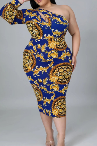 Blue Casual Print Hollowed Out Backless Oblique Collar Long Sleeve Plus Size Dresses