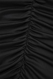 Saia preta casual sólida dobrável com decote em V vestidos plus size