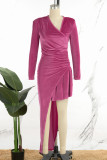 Rosarote, lässige, solide Patchwork-Kleider mit asymmetrischem Kragen und unregelmäßigem Kleid