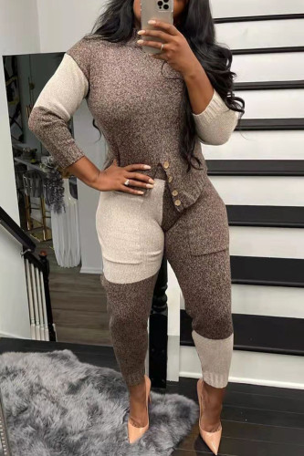 Coffee Casual Patchwork Contrast O Neck Long Sleeve Two Pieces