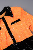 Oranje casual patchwork pailletten turndown kraag lange mouwen jurken