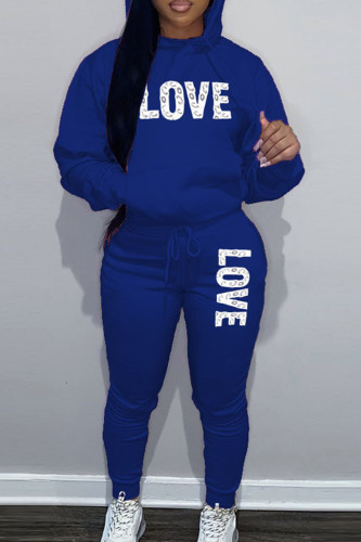 Blue Sportwear Casual Letter Print Hooded Collar Long Sleeve Sweatshirt And Draw String Pants Two Pieces Sweatsuit Sets