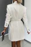 White Casual Solid Frenulum Turn-back Collar Suit Dress Dresses