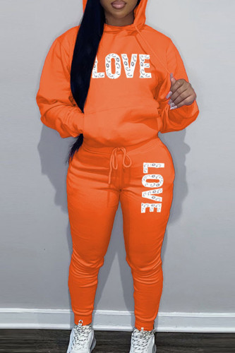 Orange Sportwear Casual Letter Print Hooded Collar Long Sleeve Sweatshirt And Draw String Pants Two Pieces Sweatsuit Sets