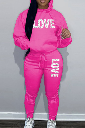 Rose Red Sportwear Casual Letter Print Hooded Collar Long Sleeve Sweatshirt And Draw String Pants Two Pieces Sweatsuit Sets