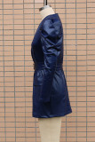 Marineblaue, lässige, einfarbige Kleider mit Gürtel, V-Ausschnitt und langen Ärmeln