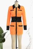 オレンジ カジュアル パッチワーク スパンコール ターンダウン カラー ロング スリーブ ドレス
