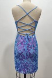 Hemelsblauw sexy patchwork pailletten frenulum backless spaghettibandje mouwloze jurk jurken