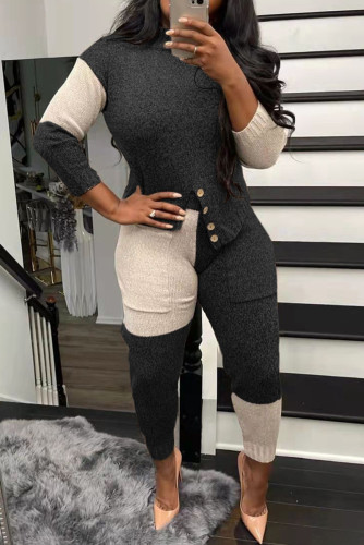 Black Casual Patchwork Contrast O Neck Long Sleeve Two Pieces