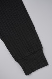Zwarte, casual, effen uitgeholde driedelige set met O-hals en lange mouwen
