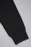 Black Casual Solid Hollowed Out O Neck Long Sleeve Three Piece Set