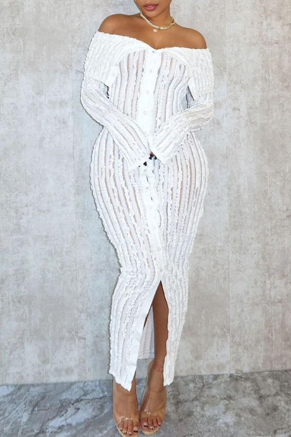 Robe longue blanche élégante en patchwork avec boucle et épaules dénudées