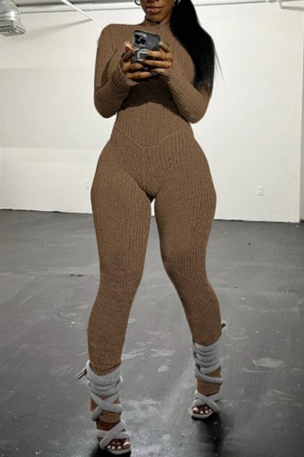 Khaki Casual Solid Frenulum Half A Turtleneck Skinny Jumpsuits