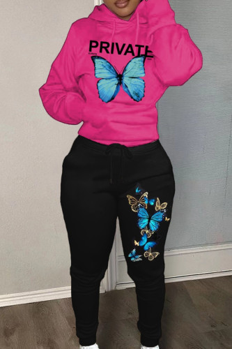 Rose Red Plus Size Casual Letter Butterfly Patchwork Draw String Pocket Hooded Collar Plus Size Two Pieces
