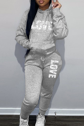 Grey Sportwear Casual Letter Print Hooded Collar Long Sleeve Sweatshirt And Draw String Pants Two Pieces Sweatsuit Sets