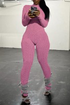 ピンク カジュアル ソリッド 小帯ハーフ タートルネック スキニー ジャンプスーツ