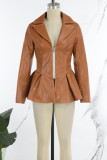 Prendas de abrigo de cuello vuelto con cremallera de patchwork sólido informal marrón