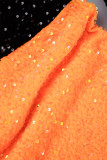 Оранжевые повседневные лоскутные платья с отложным воротником и пайетками с длинным рукавом