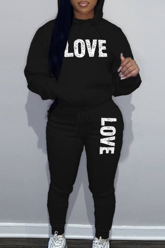 Black Sportwear Casual Letter Print Hooded Collar Long Sleeve Sweatshirt And Draw String Pants Two Pieces Sweatsuit Sets