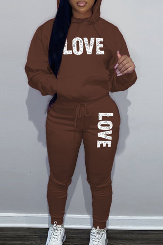 Brown Sportwear Casual Letter Print Hooded Collar Long Sleeve Sweatshirt And Draw String Pants Two Pieces Sweatsuit Sets