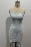 Sky Blue Sexy Patchwork Sequins Backless Spaghetti Strap Sleeveless Dress Dresses