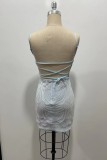 スカイブルーのセクシーなパッチワーク スパンコール バックレス スパゲッティ ストラップ ノースリーブ ドレス ドレス