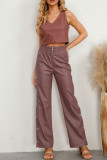Brown Casual Solid Patchwork Slit Regular High Waist Conventional Solid Color Trousers