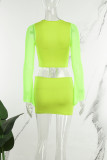 Fluorescent Green Sexy Casual Solid Hollowed Out Frenulum O Neck Long Sleeve Two Pieces