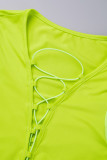 Флуоресцентный зеленый сексуальный повседневный однотонный выдолбленный уздечка с круглым вырезом с длинным рукавом из двух частей