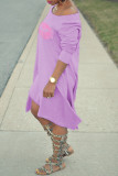 Purple Casual Print Basic Oblique Collar Irregular Dress Dresses
