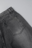 Black Casual Patchwork Basic Regular High Waist Raw Trim Letter Pattern Denim Jeans