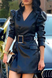 Navy Blue Casual Solid With Belt V Neck Long Sleeve Dresses