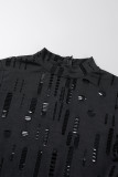 ブラック セクシー カジュアル ソリッド 中空シースルー ハーフ タートルネック スキニー ジャンプスーツ