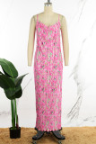 Pink Casual Print Backless Spaghetti Strap Long Dress Dresses