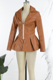 Brown Casual Solid Patchwork Zipper Turndown Collar Outerwear