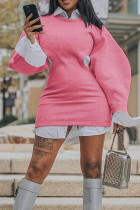 Roze sexy effen uitgeholde patchwork overhemdkraag met lange mouwen en grote maten jurken