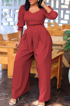 Rode elegante effen patchwork asymmetrische kraag losse jumpsuits