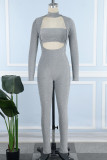 Silver Sexy Casual Solid Hollowed Out Turtleneck Skinny Jumpsuits